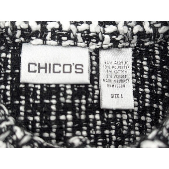 Chicos Chunky Knit Collared Button Up Jacket Blazer Black White Size 1 Medium - Picture 3 of 8